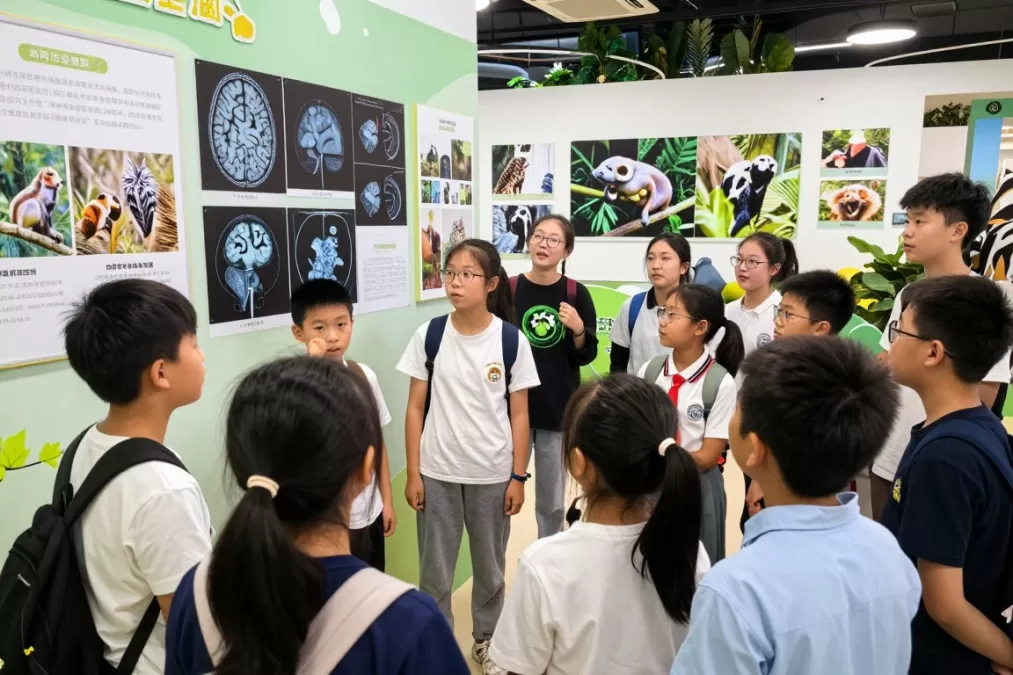 Young people learning about animal intelligence at educational facility