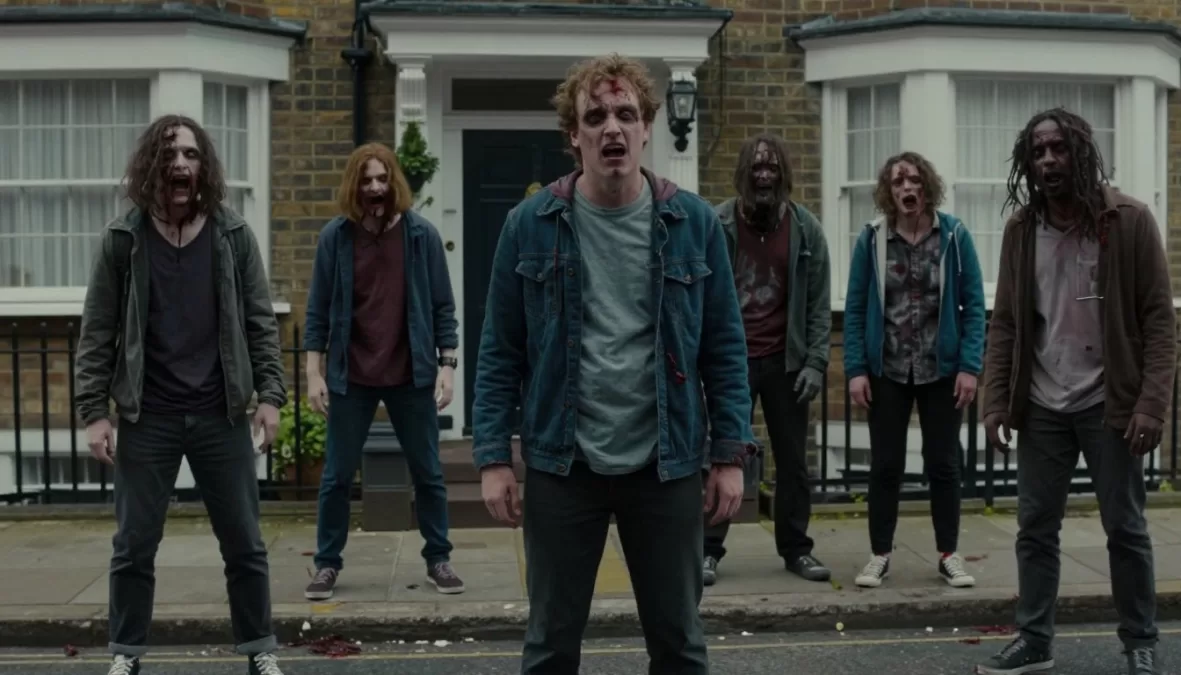 Zombie comedy scene mixing horror and humor in British setting
