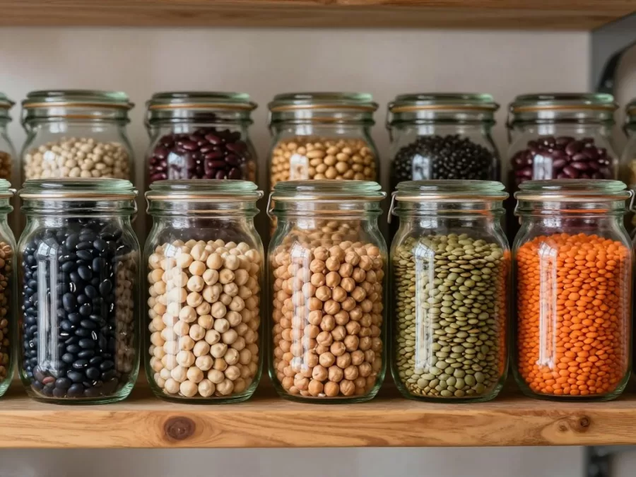 assorted beans and lentils including black beans, chickpeas, and red lentils in glass jars