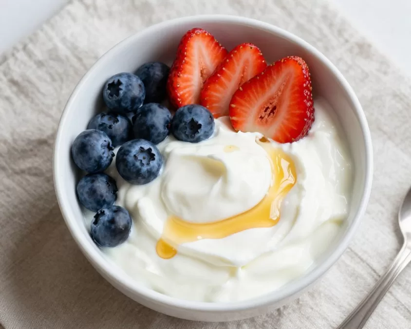 bowl of plain Greek yogurt topped with fresh berries and honey showing creamy texture