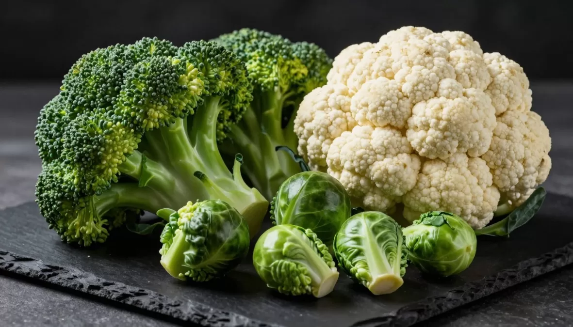 broccoli, cauliflower, and Brussels sprouts arranged showing their distinctive structures and green colors