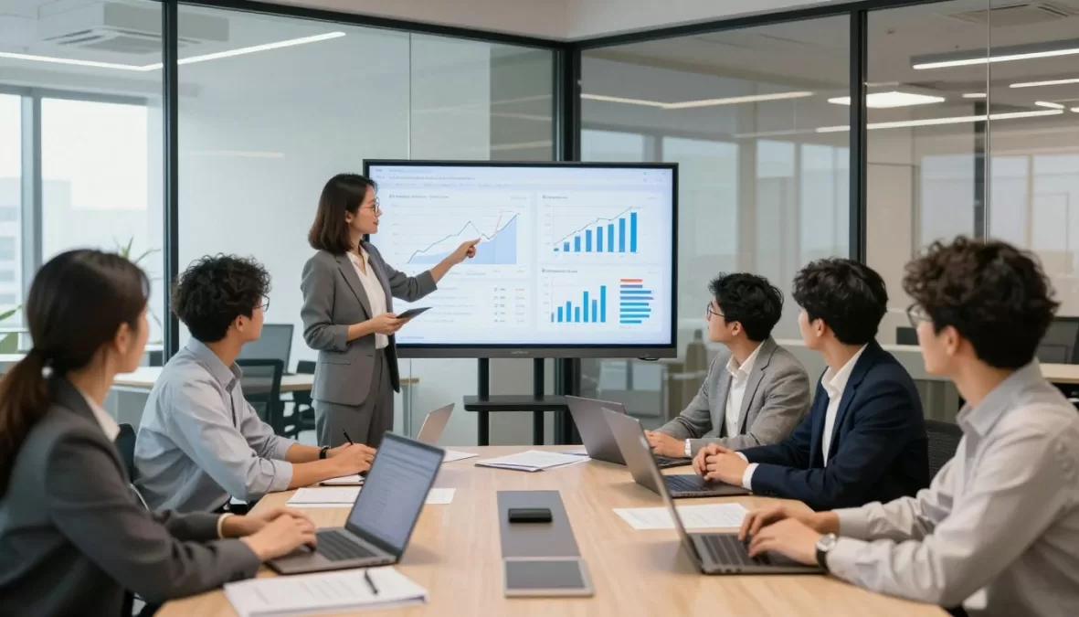 business strategy meeting with investors analyzing startup data