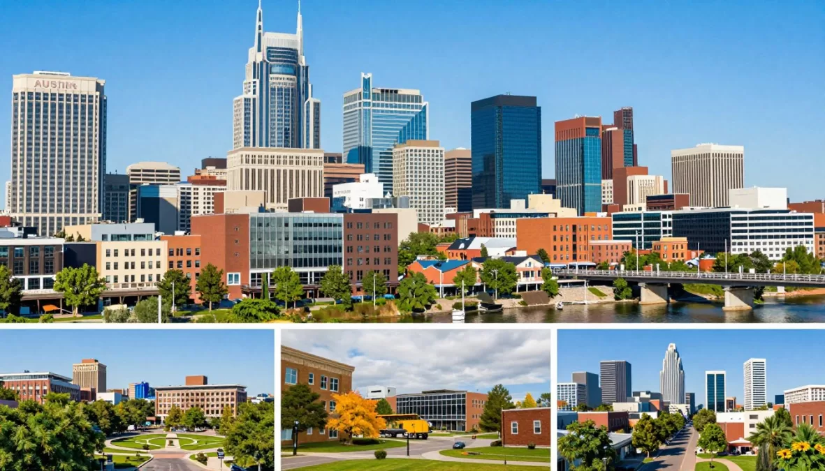 collage of affordable alternative cities skylines and neighborhoods