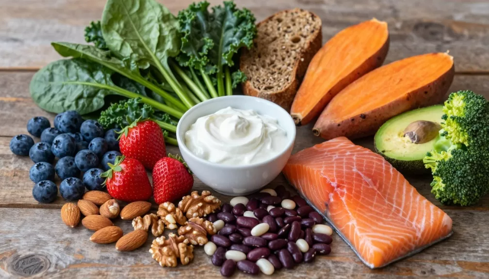 colorful array of healthiest foods including leafy greens, berries, nuts, and salmon arranged on a wooden table