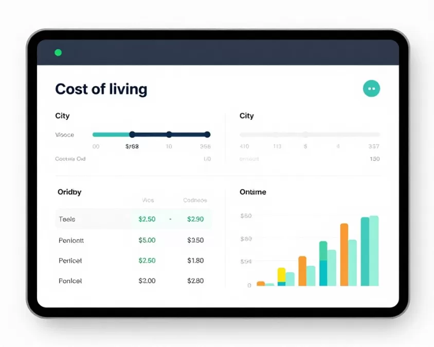 cost of living calculator interface showing city comparisons