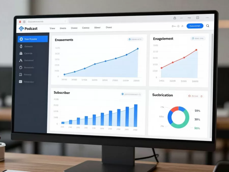 data analytics dashboard showing podcast metrics, charts, and viewership statistics