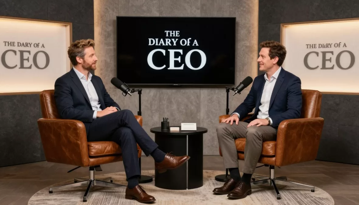 diary of a ceo podcast studio with professional executive setting and steven bartlett