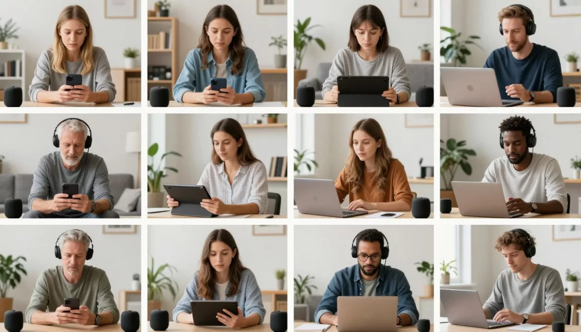 diverse group of people enjoying podcasts in various settings and devices