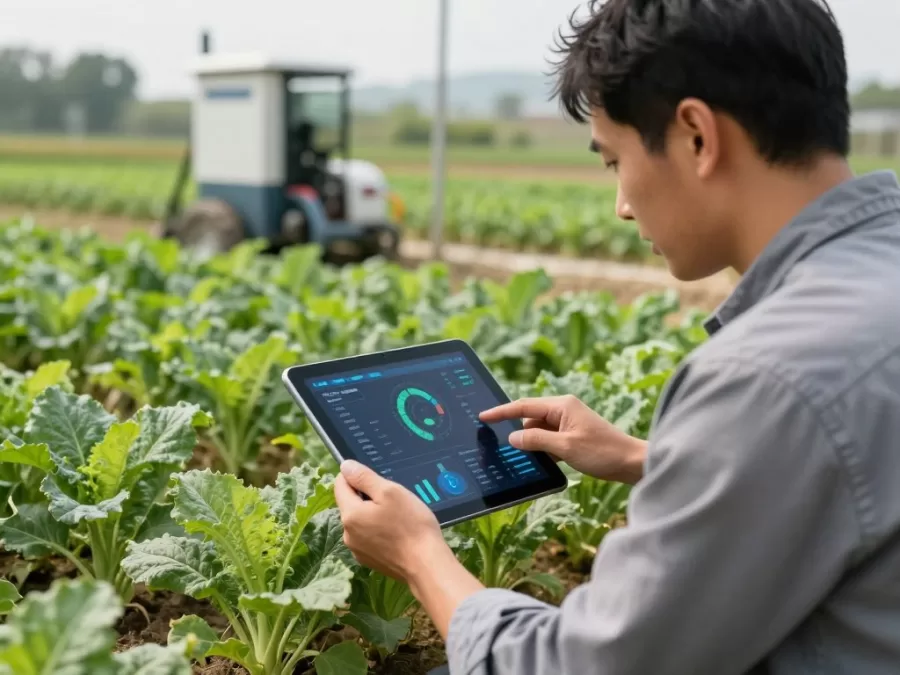 farmer using agricultural technology tablet in field