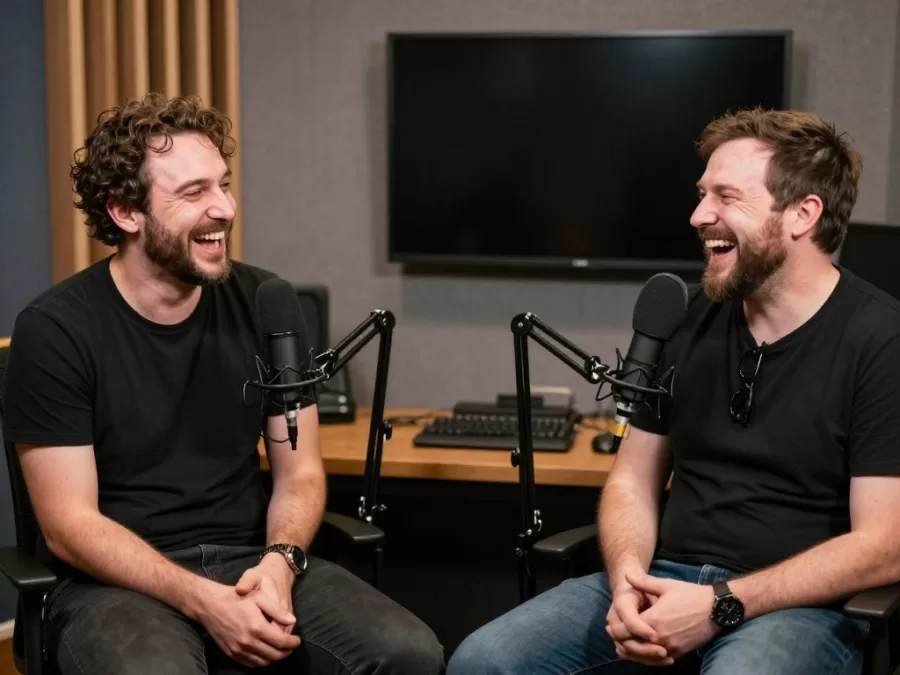 flagrant podcast hosts in moment of uncontrollable laughter during recording