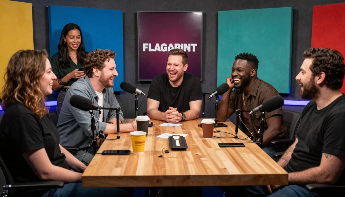 flagrant podcast studio with andrew schulz and co-hosts in vibrant energetic setting