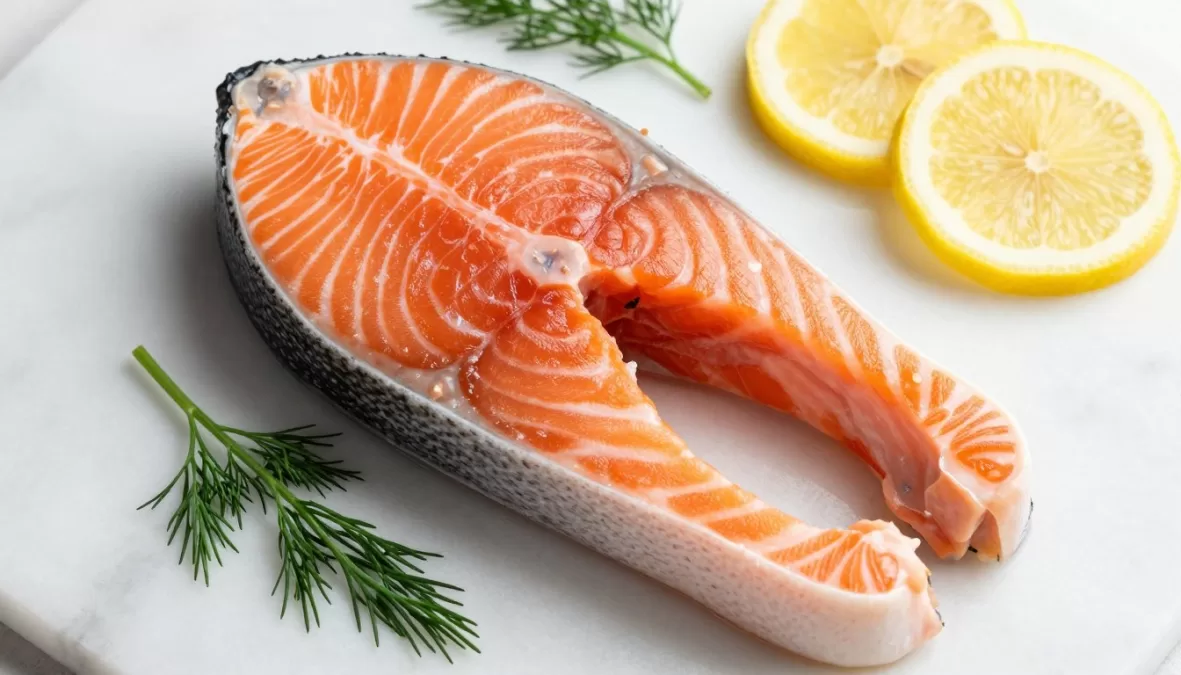 fresh salmon fillet displaying rich orange color and marbling indicating healthy omega-3 fatty acids