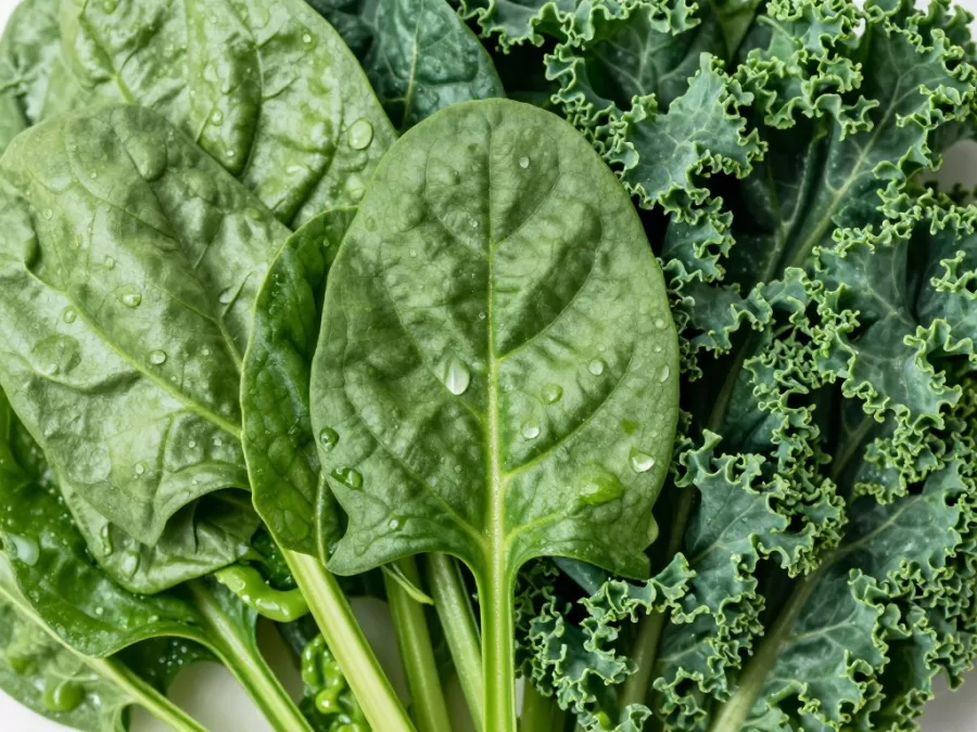 fresh spinach, kale, and Swiss chard displayed showing vibrant green colors and crisp texture