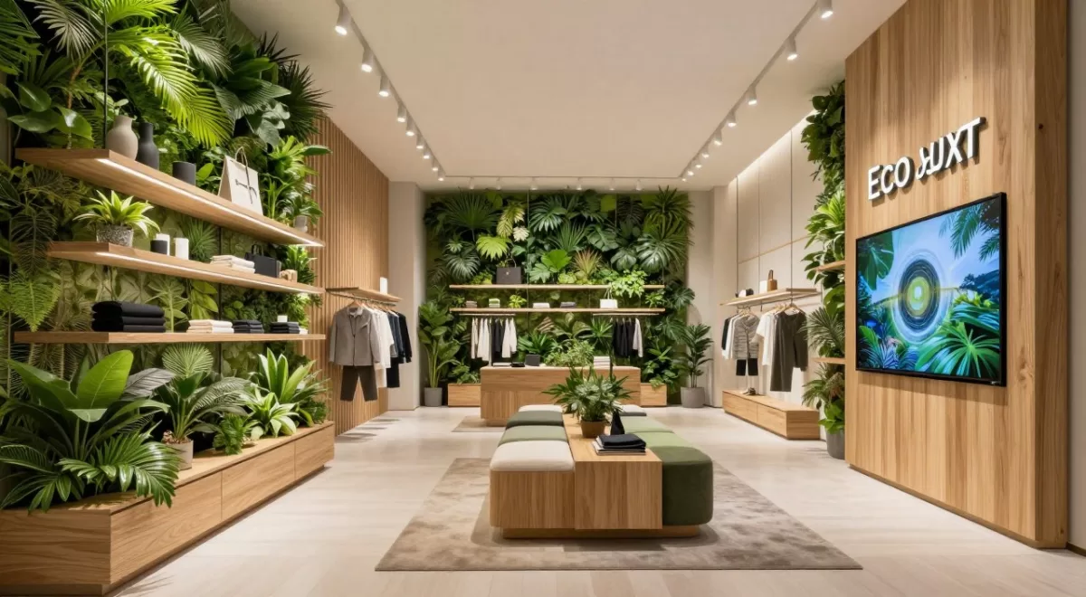 futuristic luxury brand boutique with sustainable design elements