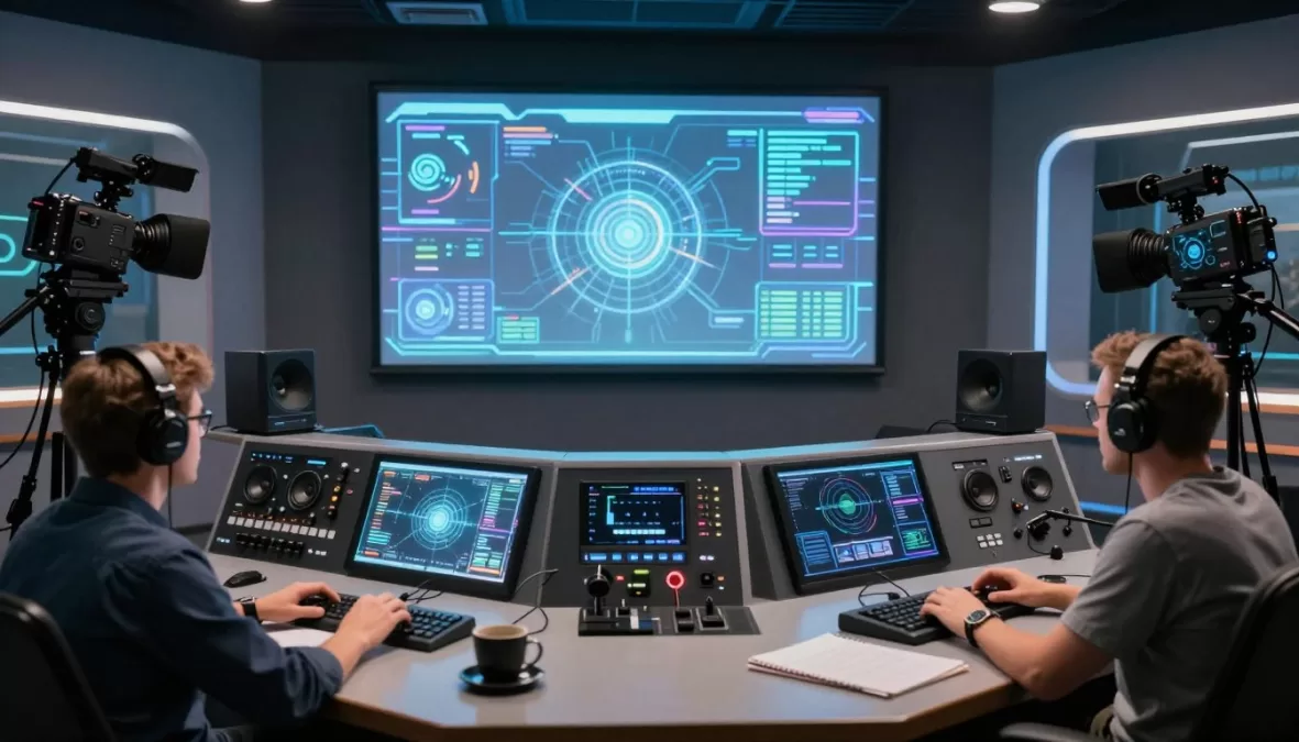 futuristic podcast studio with advanced technology and AI integration