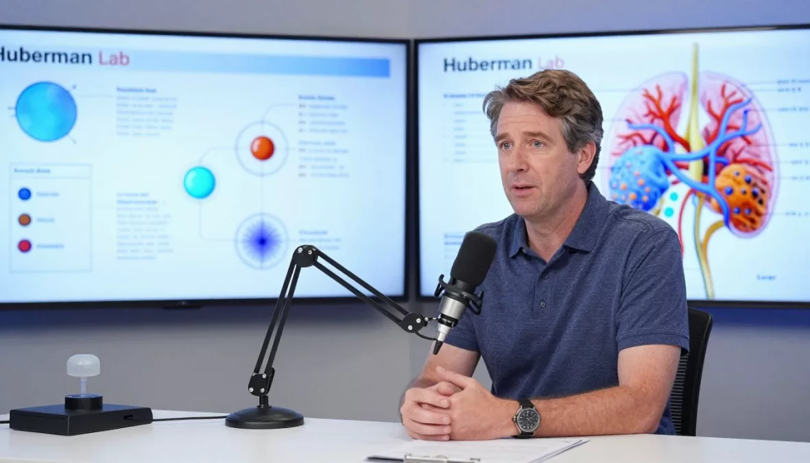huberman lab podcast studio with andrew huberman and scientific diagrams in background