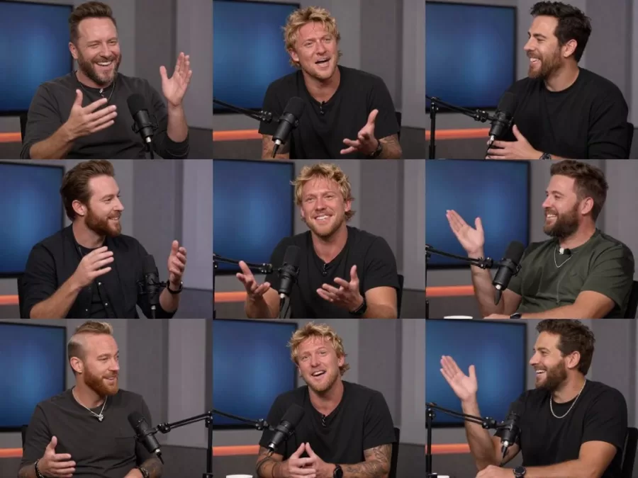 logan paul and co-hosts engaged in animated discussion during podcast recording