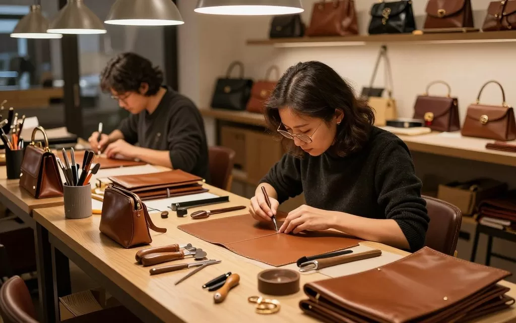 luxury brand craftsmanship workshop with artisans creating designer products