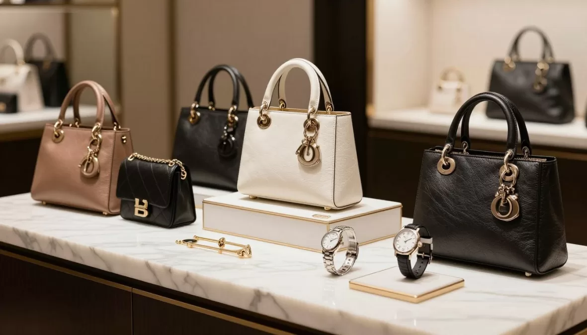 luxury brands showcase with designer items and iconic logos