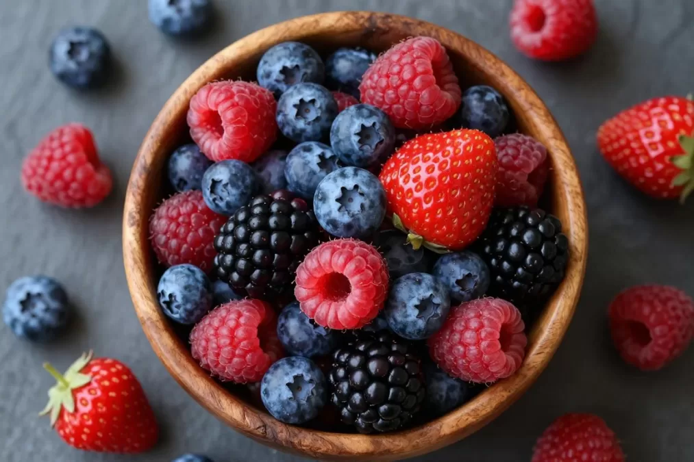 mixed berries including blueberries, strawberries, raspberries and blackberries in a wooden bowl