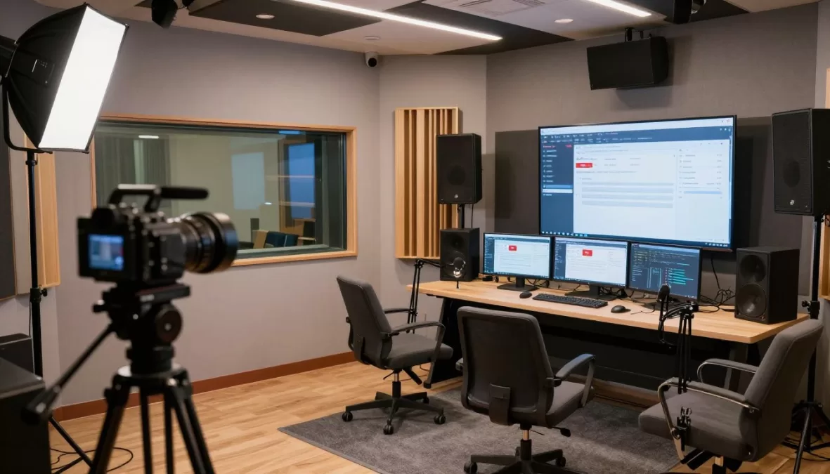 modern podcast studio with cameras, lighting equipment, and YouTube interface displayed on monitors