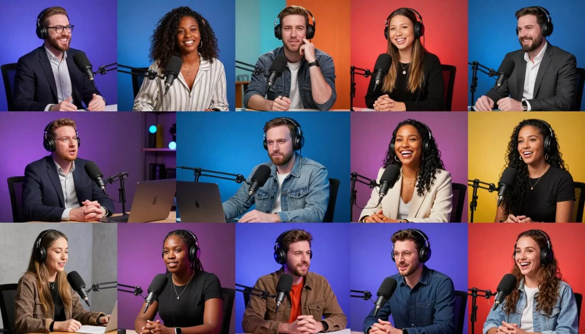 montage of top podcast hosts in their studio environments with microphones and cameras