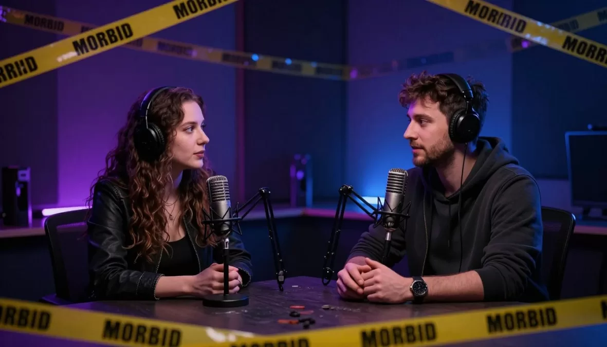 morbid podcast hosts in their studio with true crime themed decorations and microphones