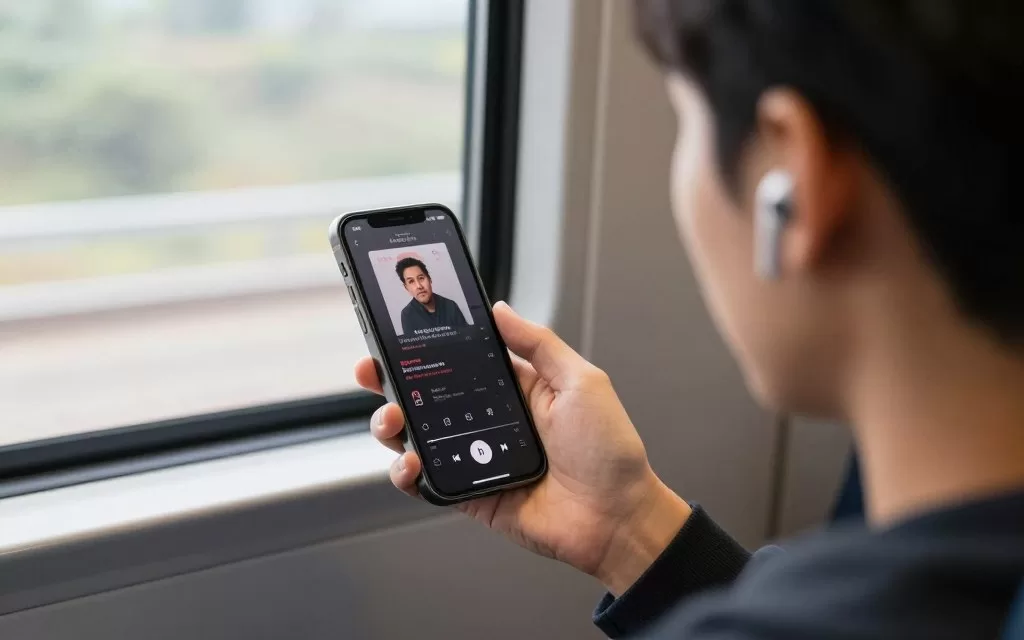 person watching podcast on smartphone during commute with wireless earbuds