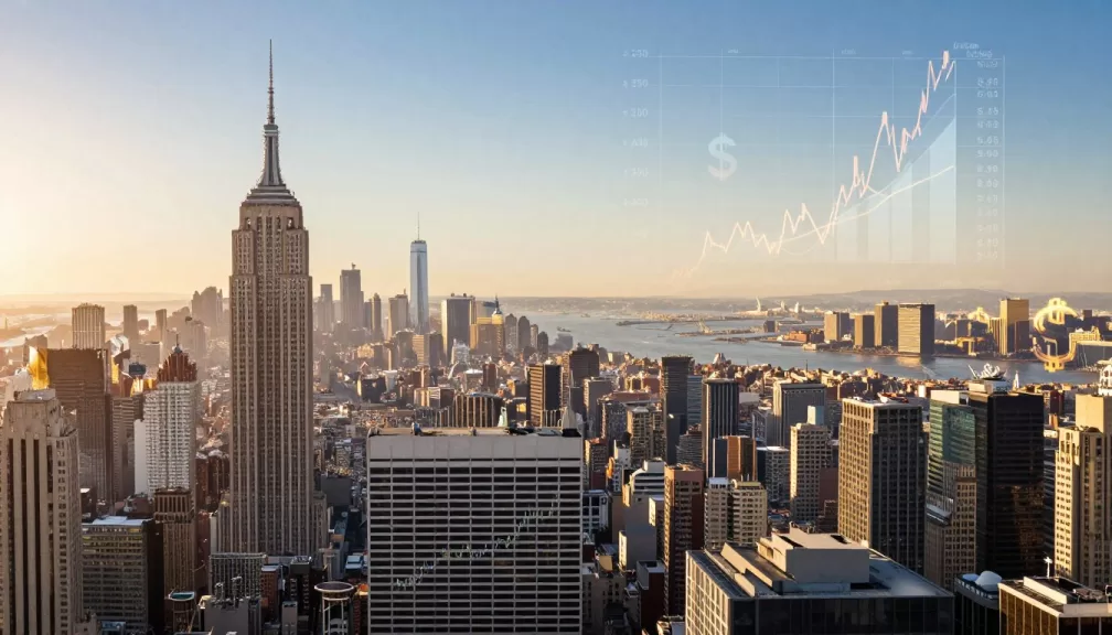 skyline of most expensive cities to live in with financial overlay graphics