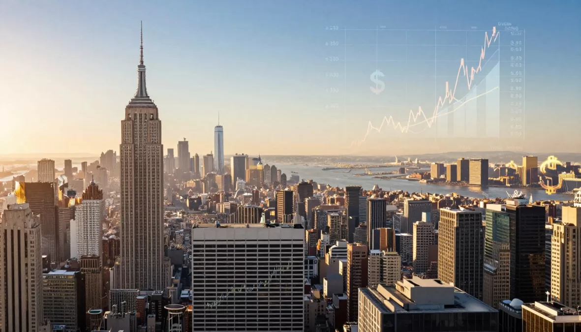 skyline of most expensive cities to live in with financial overlay graphics