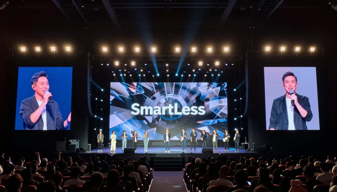 smartless live tour show with hosts performing in front of large audience