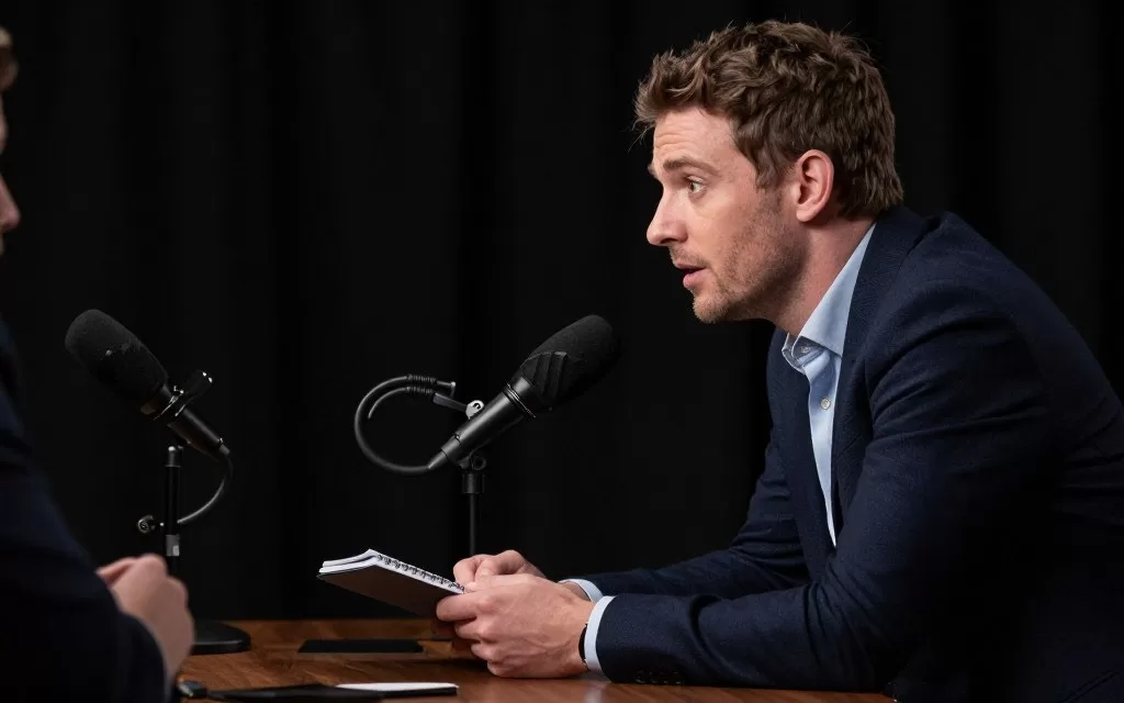 steven bartlett taking notes during intense podcast interview with business leader