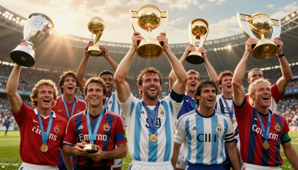 top 10 football players of all time celebrating victory with trophy
