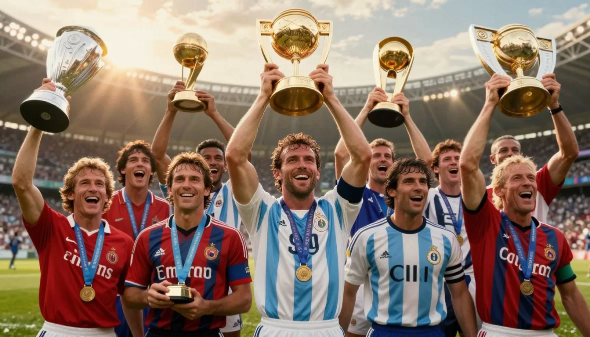top 10 football players of all time celebrating victory with trophy