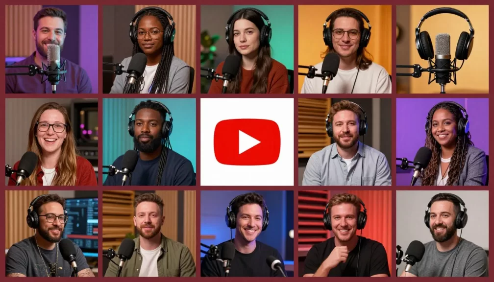 top 10 podcasts on youtube 2026 collage featuring popular hosts and microphone setups