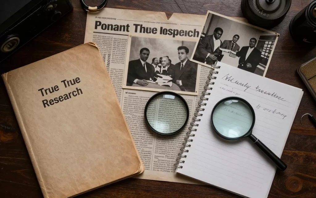 true crime case files, evidence photos, and research materials spread across a desk