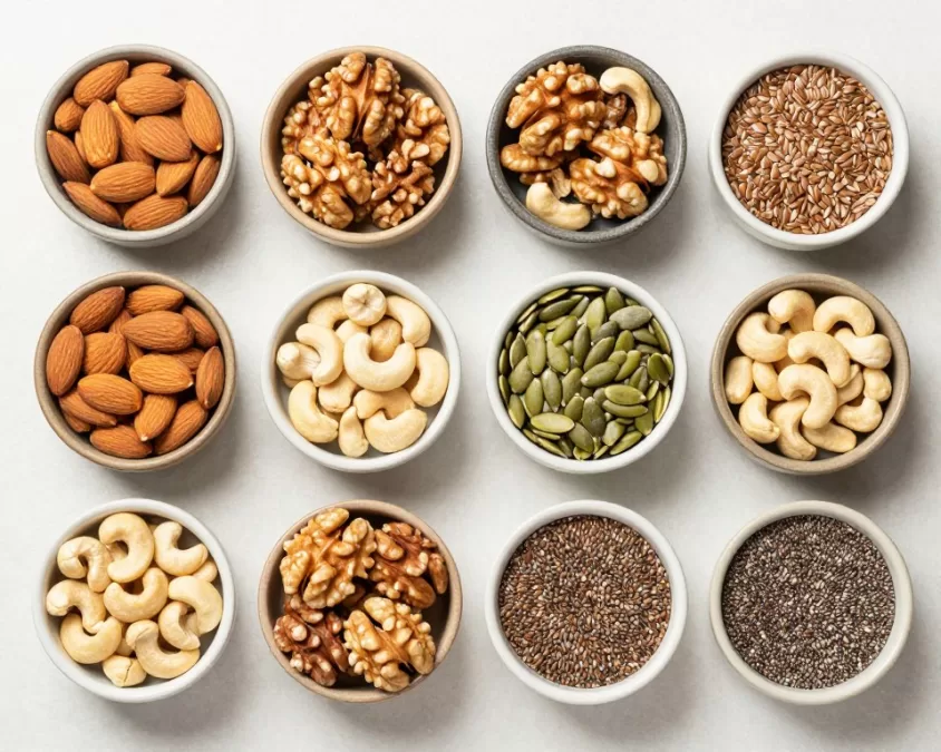 variety of nuts and seeds including almonds, walnuts, chia seeds, and flaxseeds arranged in small bowls