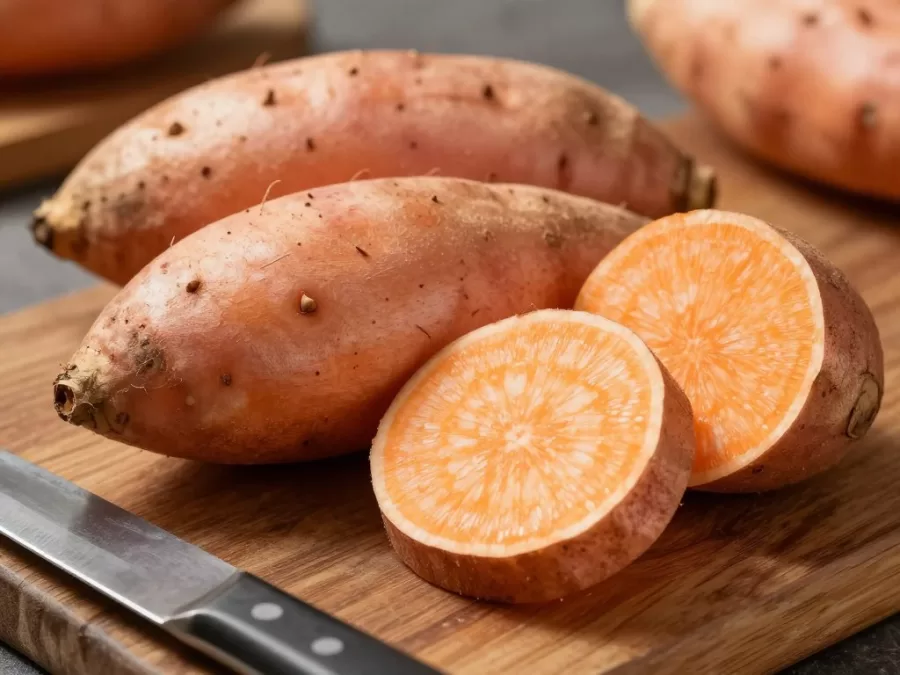 whole and sliced sweet potatoes showing vibrant orange flesh rich in beta-carotene