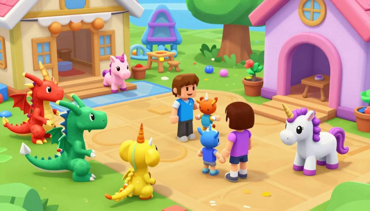 Adopt Me gameplay featuring cute pets, customized homes, and family roleplay scenarios