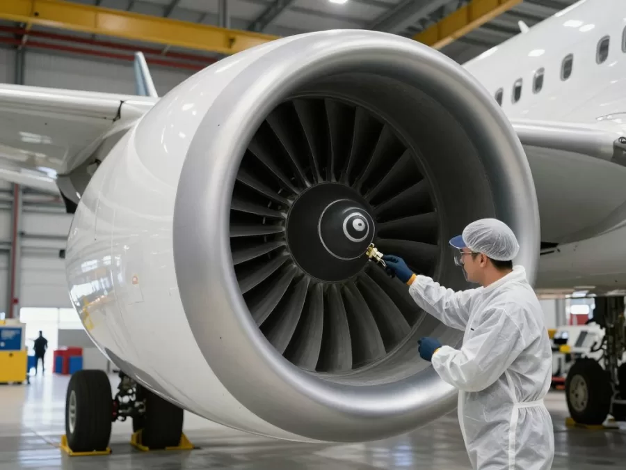 Aircraft maintenance technician inspecting jet engine