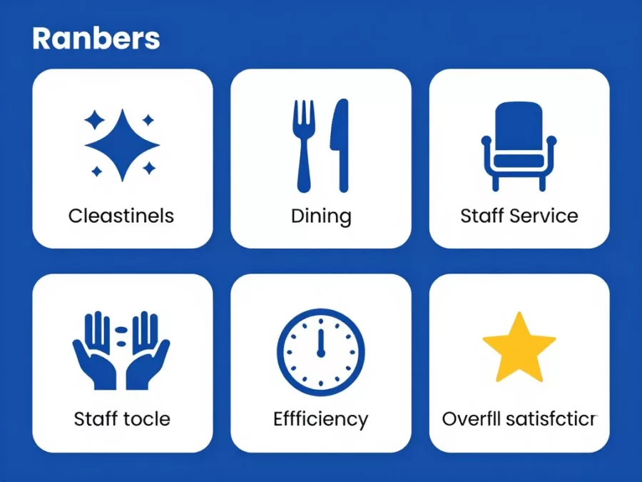 Airport evaluation criteria infographic showing rating categories including cleanliness, amenities, dining, and passenger services