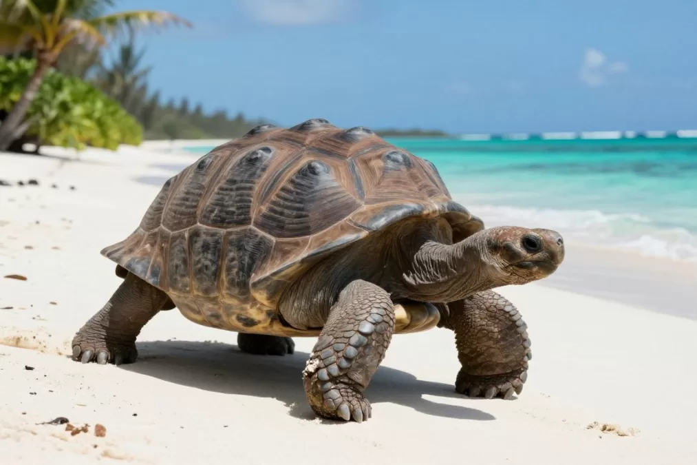 Aldabra giant tortoise on tropical island beach showing distinctive shell pattern