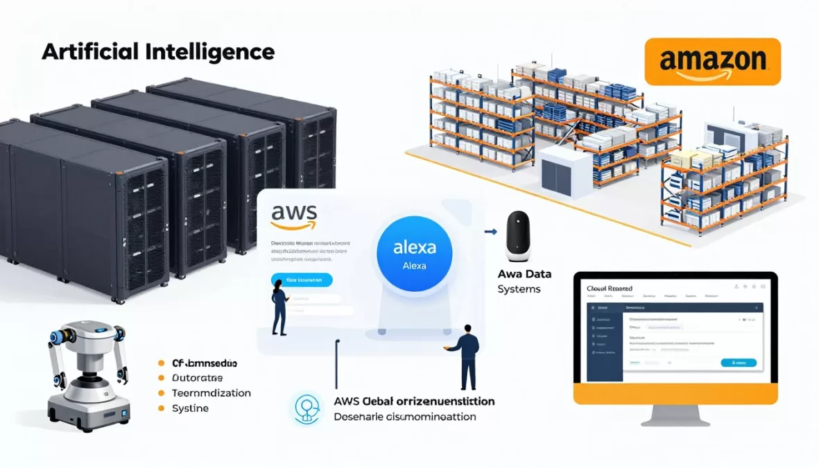 Amazon artificial intelligence infrastructure showing AWS cloud services and logistics automation