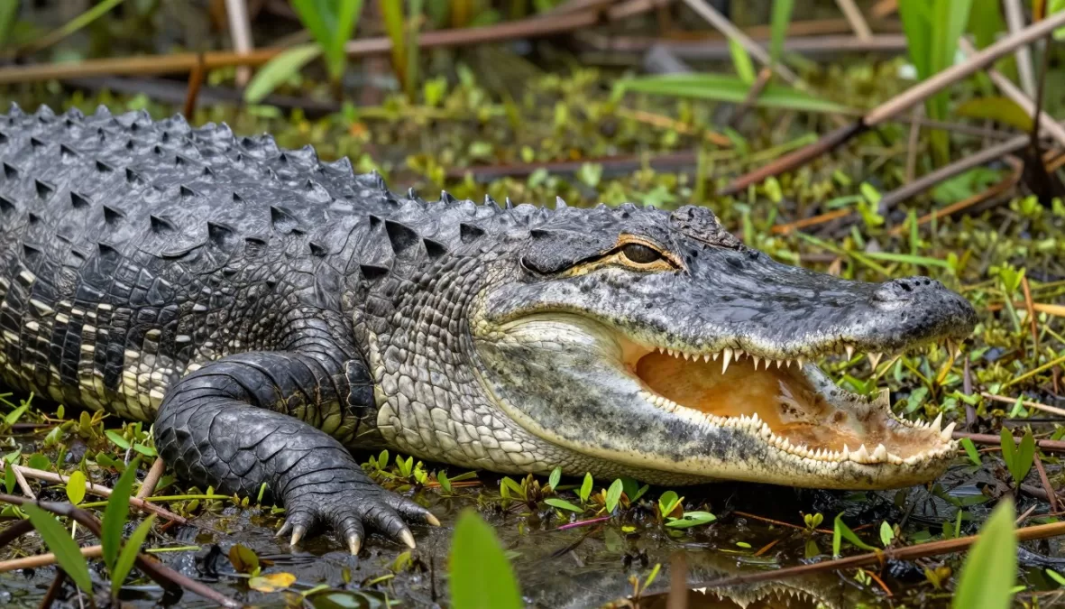 American alligator resting in Florida wetlands showing its robust jaw structure