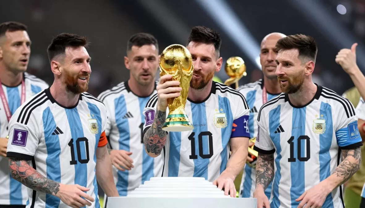 Argentina national team celebrating with FIFA world cup trophy in Qatar