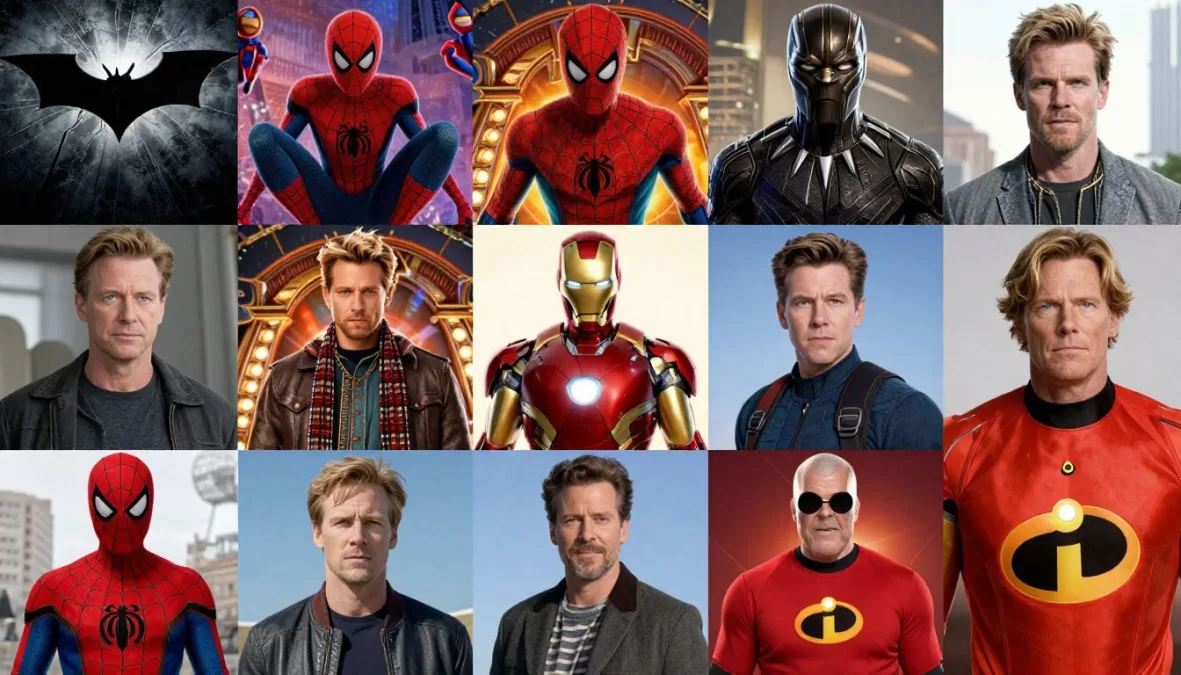 Artistic montage celebrating the ten greatest superhero movies of all time