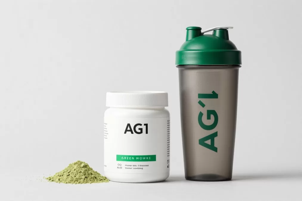 Athletic Greens AG1 supplement powder and shaker bottle product setup