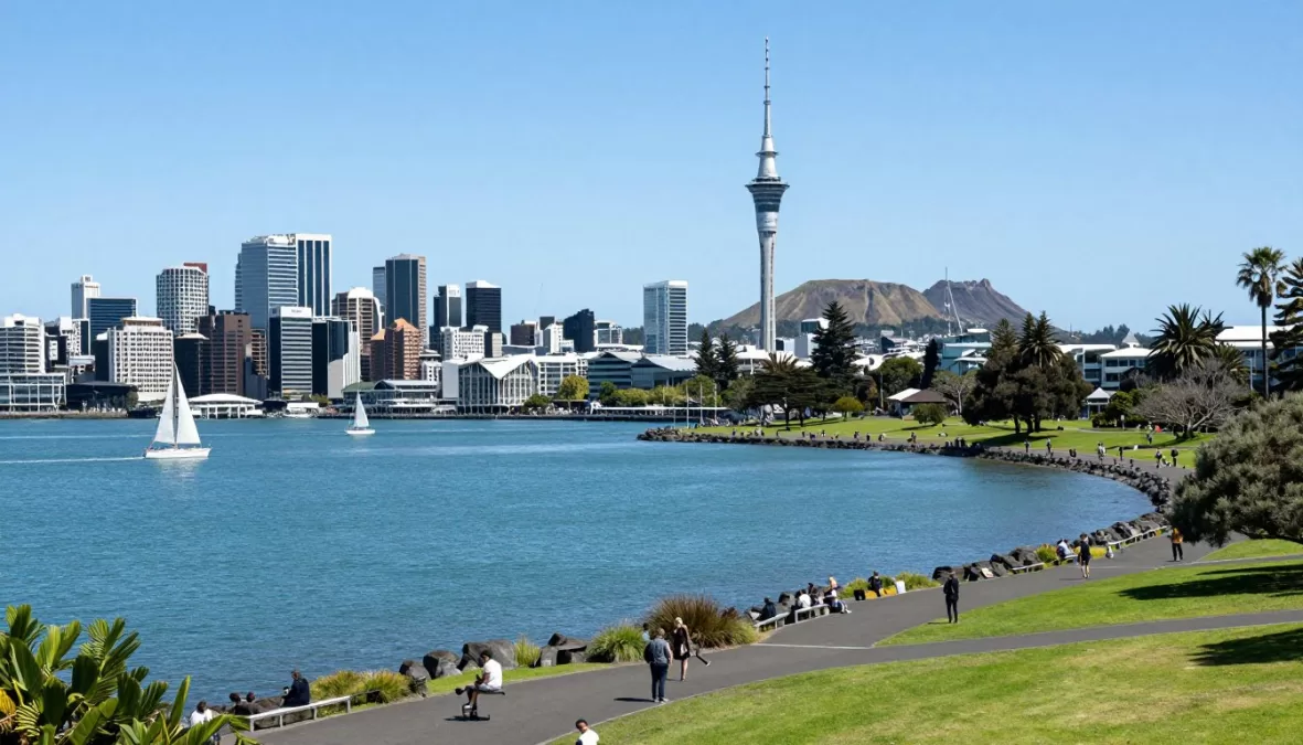 Auckland waterfront with clean harbor, modern city, and natural landscape