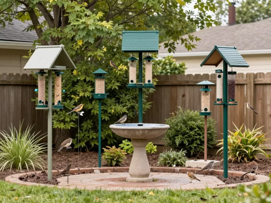 Backyard bird watching setup with feeders