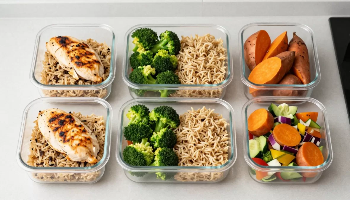 Balanced meal prep containers with lean protein vegetables and whole grains